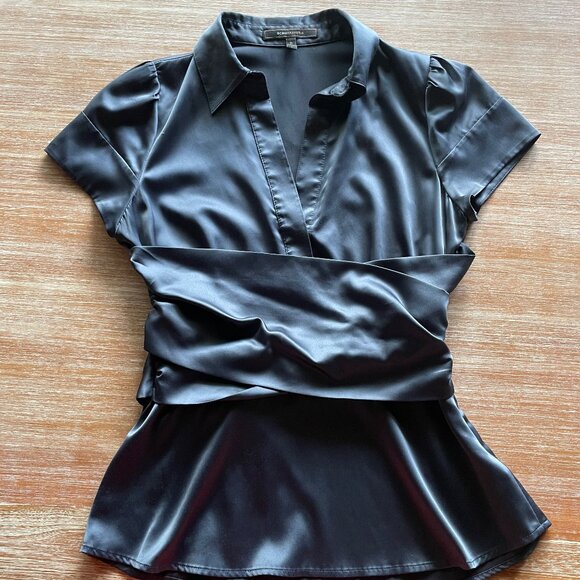 BCBGMaxazria‎ Blue Satin Like Sheen Short Sleeve Blouse Size Small - Picture 1 of 8